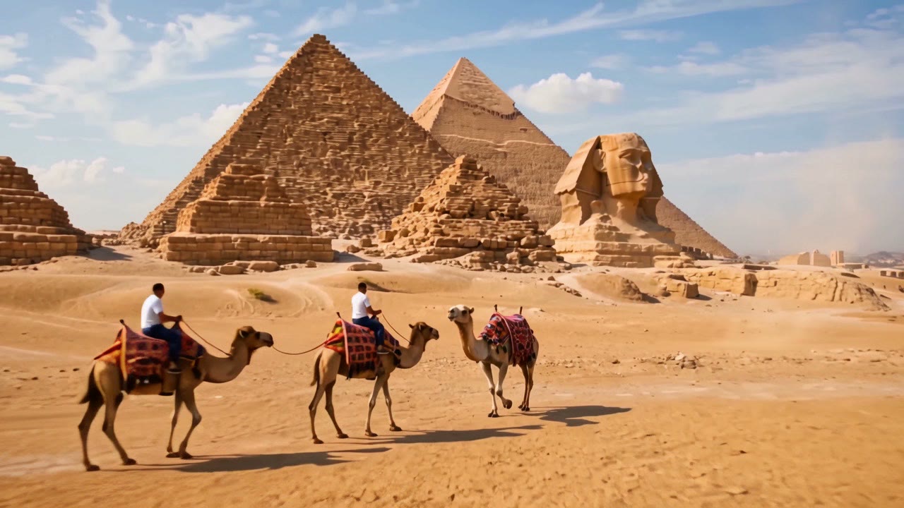 The pyramids of Giza with camels, Egypt