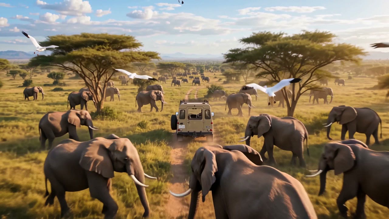 Elephants and a safari jeep in South Africa
